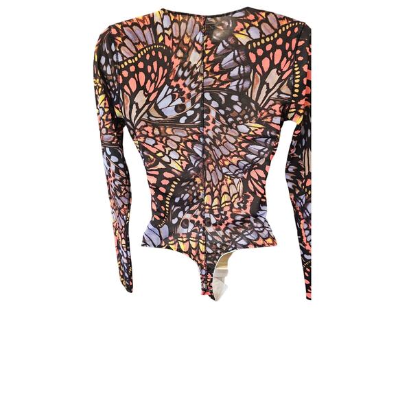 Yitty sz S thong long sleeve semi Sheer body suit lined torso EUC butterfly geo - Picture 3 of 10